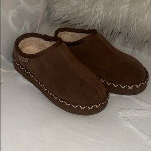 BearPaw Brown Suede Slip-Ons with Cream Accents